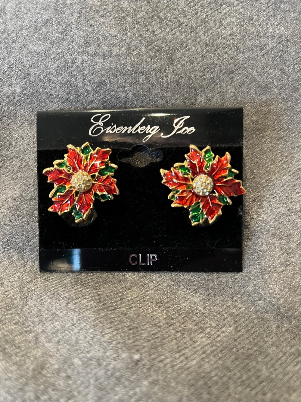 Vtg Eisenberg Ice Enameled Poinsettia & Holly Clip Earrings-NIP